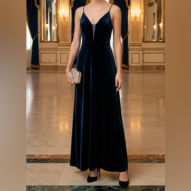B&A By Betsy & Adam Blue Velvet Illusion-Inset Gown Dress Size 14 Prom